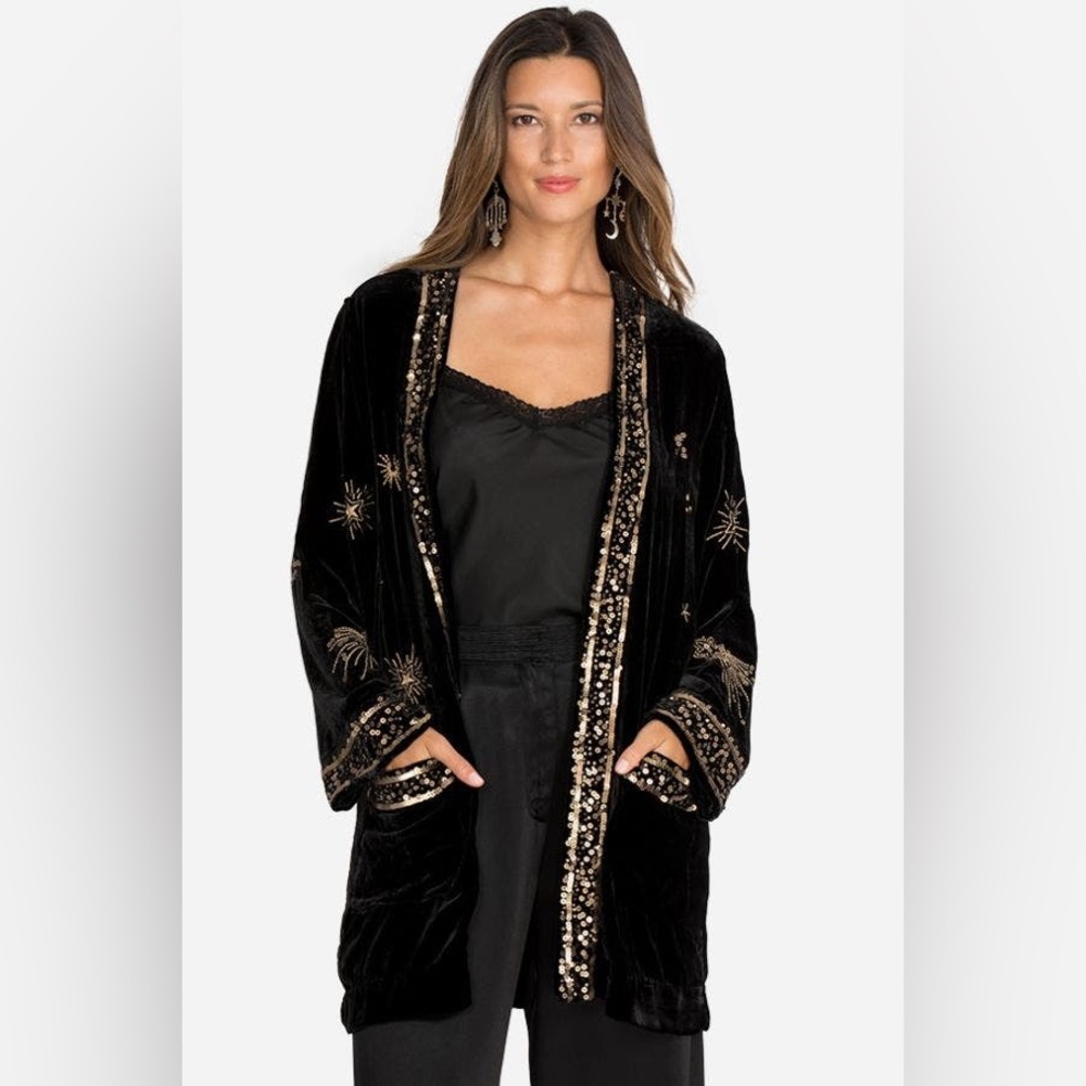 NWT $598 Johnny Was Aruna Embroidered Black Velvet Smoking Jacket